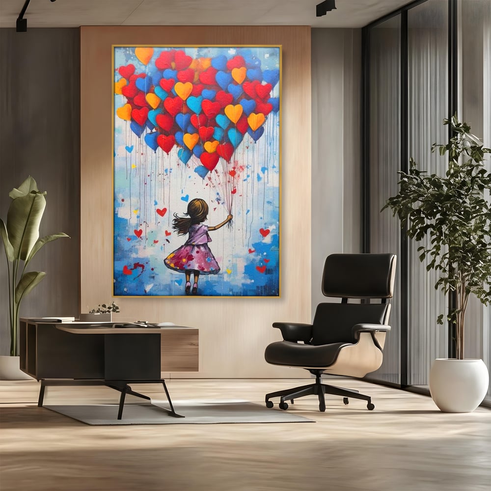 Tablou canvas cu tablou canvas cu fetita si baloane in forma de inima, in rama de aluminiu auriu, pe perete intr-un birou